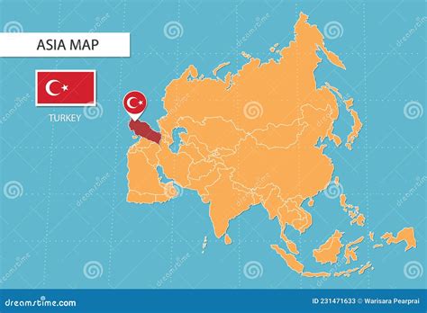 Turkey Map in Asia, Icons Showing Turkey Location and Flags Stock ...