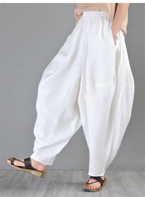 White Harem Pants Women Elastic Waist Soft Casual Loose Boho Etsy