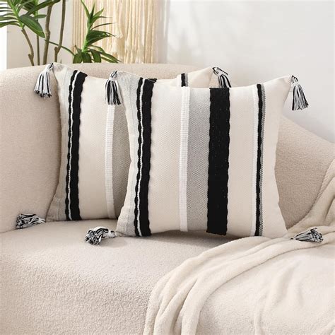 Tosleo Decorative Throw Pillow Covers 18x18 Set Of 2 With Tassels Boho Chenille