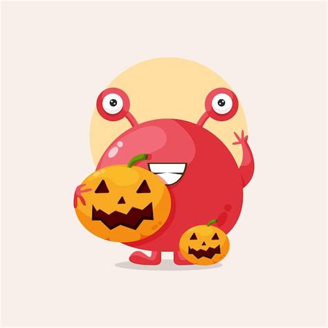 Premium Vector Cute Red Monster With Halloween Pumpkin Illustration