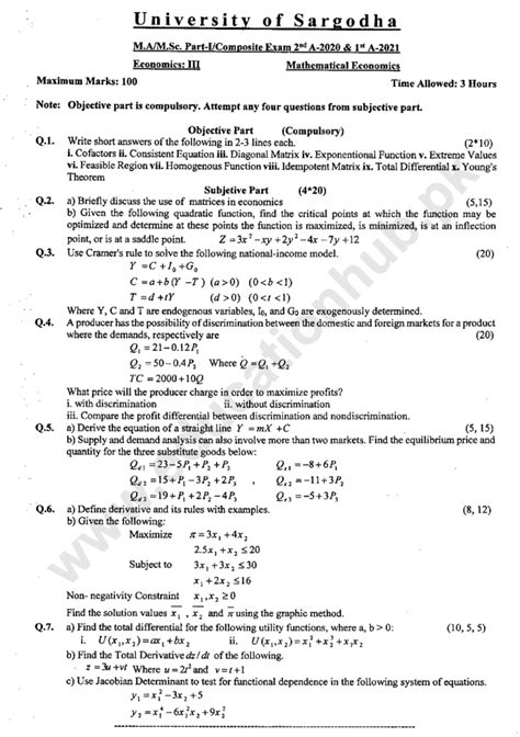 Mathematical Economics MA Economics I Past Paper 1 A 2021 Education Hub