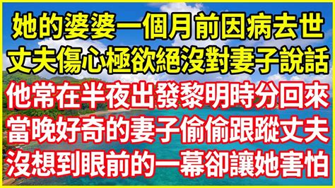 她的婆婆一個月前因病去世，丈夫傷心極欲絕沒對妻子說話，他常在半夜出發黎明時分回來，當晚好奇的妻子偷偷跟蹤丈夫，沒想到眼前的一幕卻讓她害怕