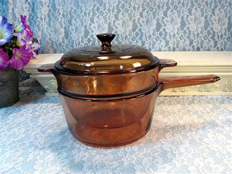 Vintage Visions Corning Ware Pyrex Brown Glass Cookware Saucepan Double