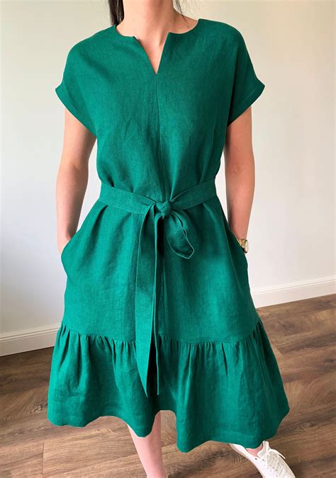 Linen Loose Emerald Green Midi Length Dress Linen Shift Dress With