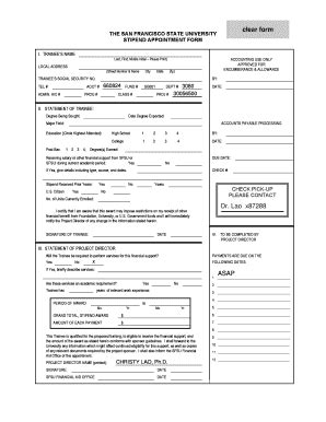 Fillable Online Sfsu SFSU Stipend Appointment Form For CSU Students