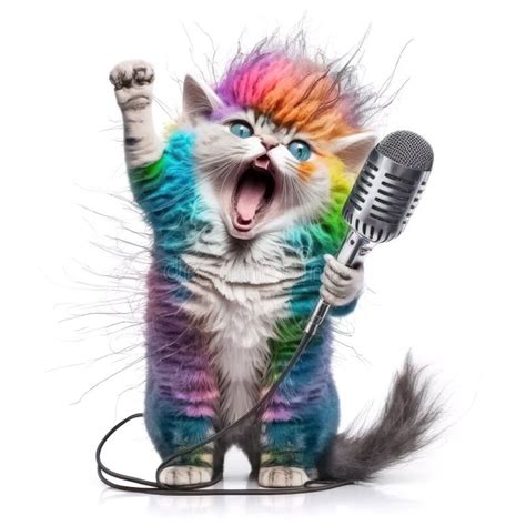 Cute Coloured Singing Cat Screaming Pop Star With Microphone Stock