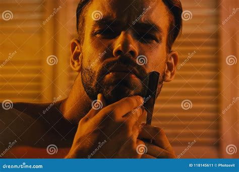 Sweet Gay Honey Sex And Healthcare Concept Macho Shaving Chin With Razor Stock Image Image