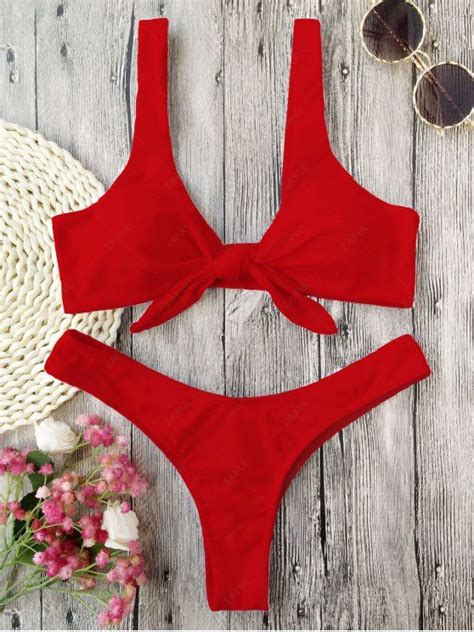 Padded Knotted Thong Bikini RED Bikinis S ZAFUL