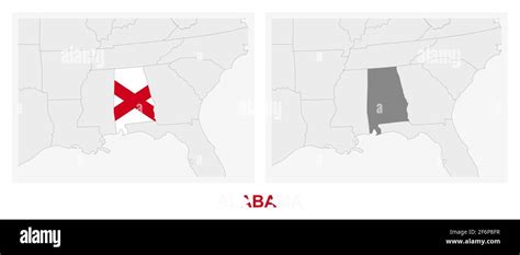 Two Versions Of The Map Of US State Alabama With The Flag Of Alabama