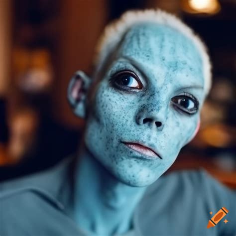 Blue Skinned Humanoid Alien Man With White Hair And Freckles In A Cafe