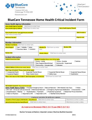 Fillable Online Bluecare Tennessee Home Health Critical Incident Form