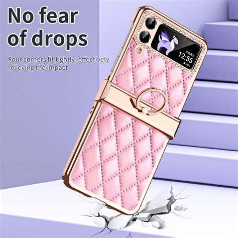 For Samsung Galaxy Z Flip4 Grid Leather Pattern Electroplating Frame Folding Phone Case Pink