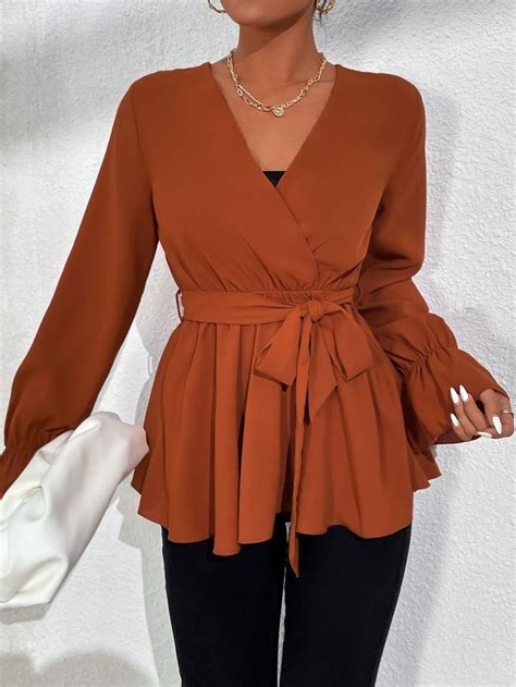 Flounce Sleeve Surplice Neck Belted Blouse Orange Blouses Outfit Stylish Tops Fashion