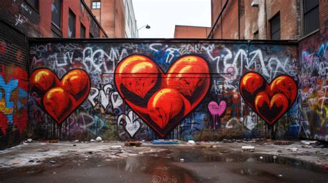 Graffiti wall, showcases heart-shaped art, reflects urban love