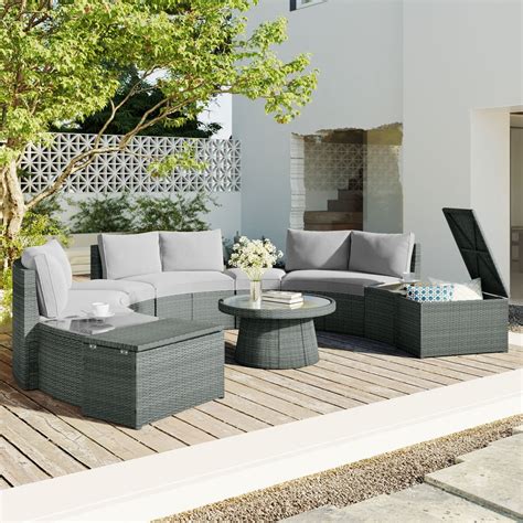 Piece Outdoor Patio Set Half Round Rattan Sofa Light Gray