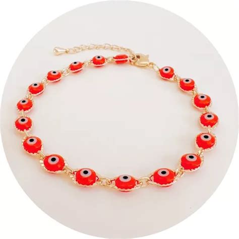 Pulsera Ojo Turco Rojo Oro Laminado 18k Regalo Protección Meses sin