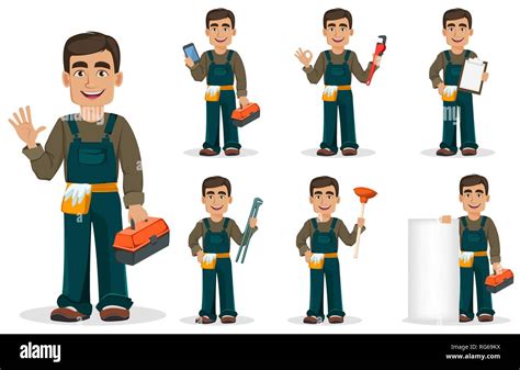 Professional Plumber In Uniform Set Of Seven Poses Handsome Cartoon