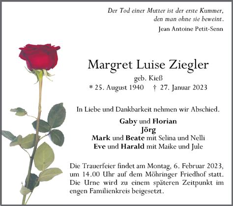 Traueranzeigen Von Margret Luise Ziegler Stuttgart Gedenkt De