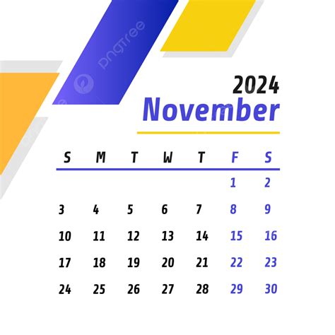 Calendário Mensal De Novembro De 2024 Vetor PNG Novembro De 2024