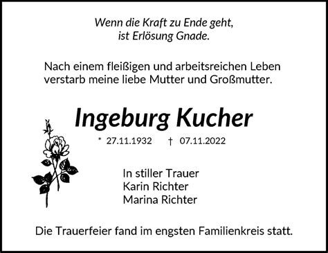 Traueranzeigen Von Ingeburg Kucher Zvw Trauer