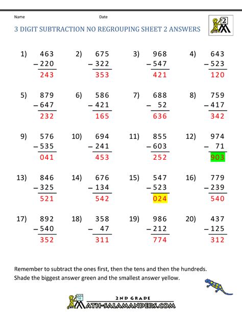 Three Digit Subtraction Without Regrouping Worksheets