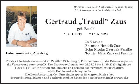 Traueranzeigen Von Gertraud Zaus Augsburger Allgemeine Zeitung