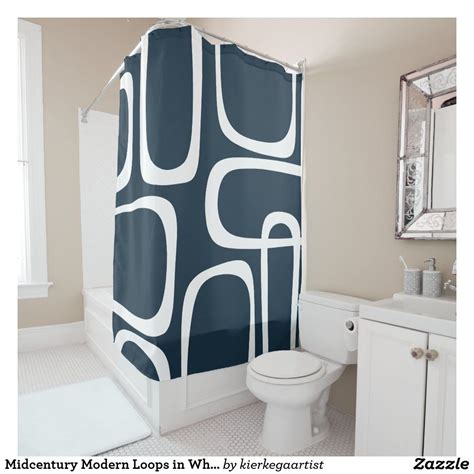 Midcentury Modern Loops In White And Navy Blue Shower Curtain Zazzle