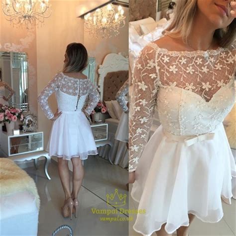 White Sheer Lace Long Sleeve Short Homecoming Party Dress Vampal Dresses