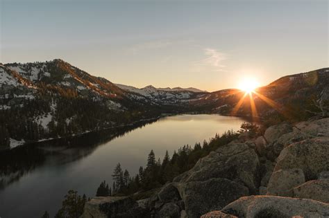 Wallpaper Mountains Lake Trees Rocks Snow Sky Sun Sunset