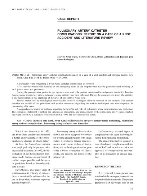 (PDF) Pulmonary artery catheter complications: Report on a case of a ...