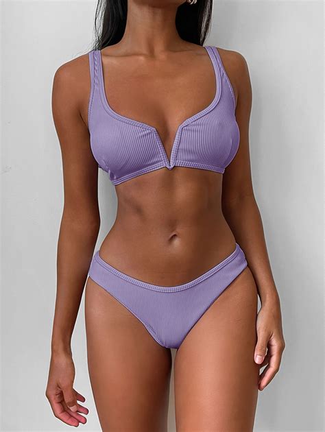 Zaful For Women S Swimwear High Cut V Wired Ribbed Bikini Set Mauve L