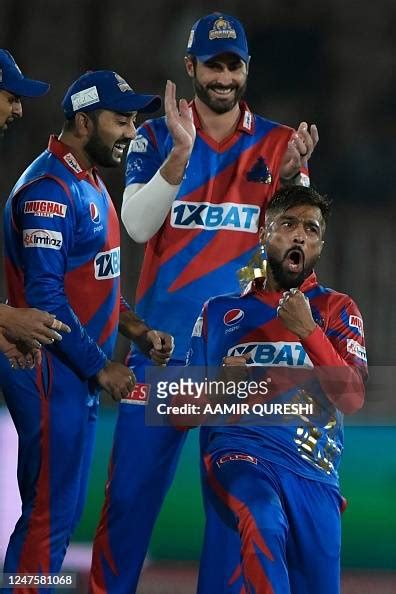 Karachi Kings Mohammad Amir Celebrates With Teammates After Taking