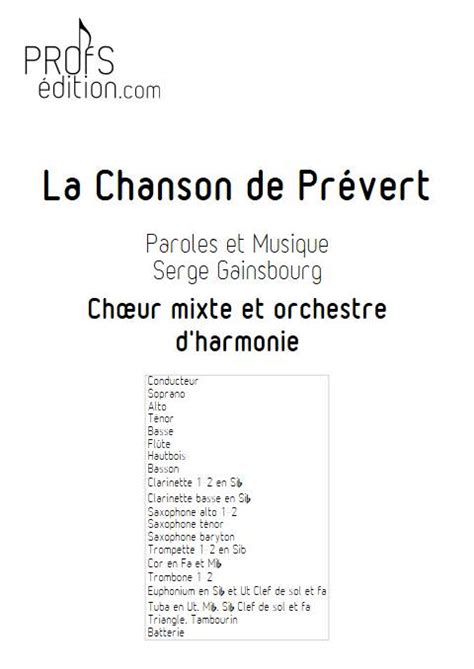 Partition La Chanson De Pr Vert Ch Ur Mixte Et Orchestre D Harmonie