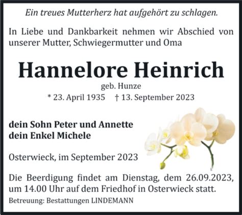 Traueranzeigen Von Hannelore Heinrich Abschied Nehmen De