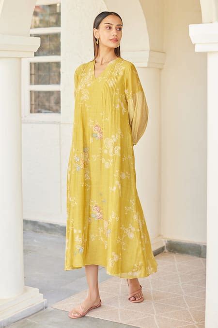 Buy Yellow Cotton Muslin Printed Floral V Neck Dress For Women By Vaayu