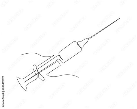 Continuous One Line Drawing Of Medical Syringe Vaccine And Injection