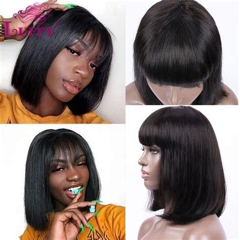 Silky Straight Short Bob Wigs Human Hair With Bangs Scalp Top Machine