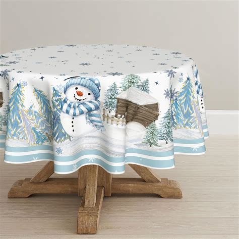 Horaldaily Christmas Tablecloth 6060 Inch Round Blue Snowman Pine