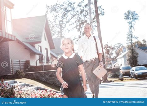 Caring Blonde Haired Father Accompanying His Cute Schoolgirl To School Stock Image Image Of