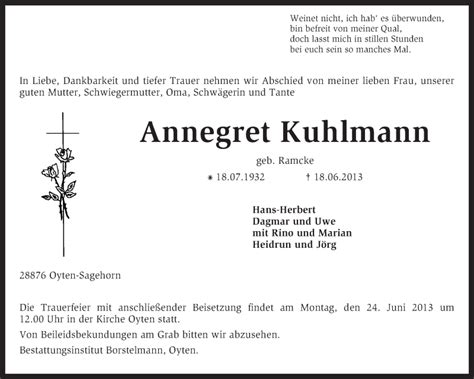 Traueranzeigen Von Annegret Kuhlmann Trauer Kreiszeitung De