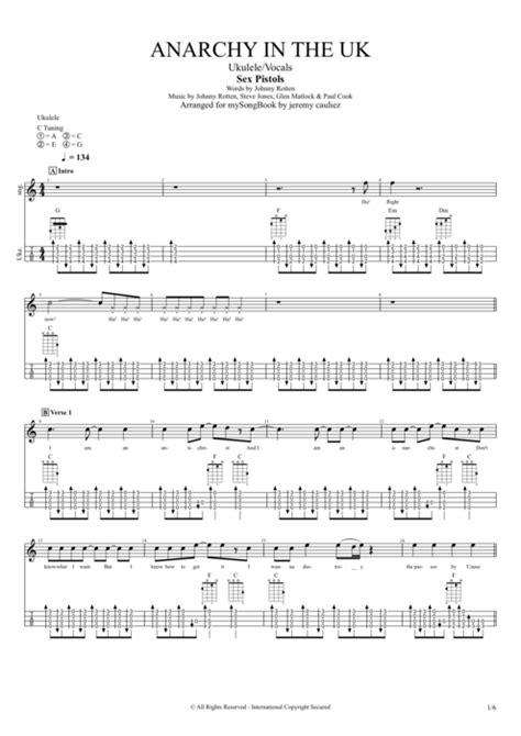 Anarchy In The U K By Sex Pistols Ukulele And Vocals Guitar Pro Tab