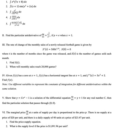 Solved 1 ∫x6 7x 8 Dx 2 ∫ X 1 Sin X2 2x Dx 3 ∫3x4 1x3dx 4