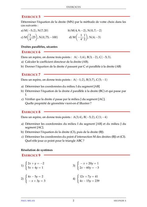 Quations De Droites Et Syst Mes D Quations Exercices Non Corrig S