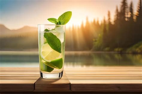 Vaso De Agua Con Hojas De Menta Sobre Una Mesa De Madera Foto Premium