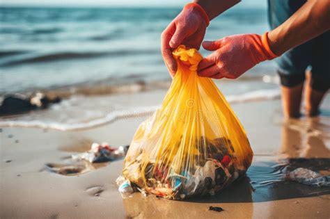 Concepto De Limpieza De Playas Las Manos Humanas Recogen Desechos