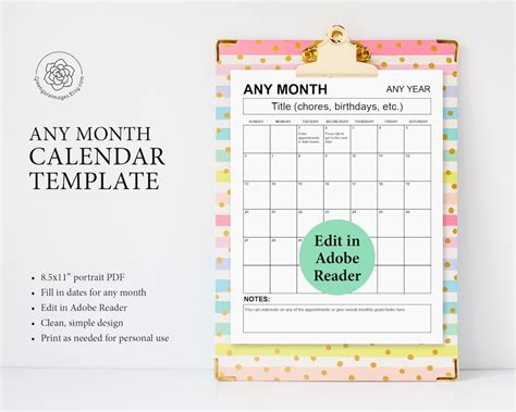 Editable Calendar PDF: Any Year, Fillable, Printable, Monthly Planner ...