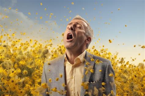 Man suffering from allergy by being exposed to flower pollen outside ...