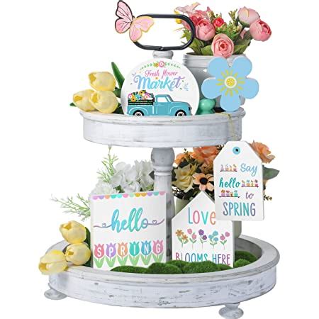 Amazon Bucherry Hello Spring Tiered Tray Decor Tulips Table Wooden