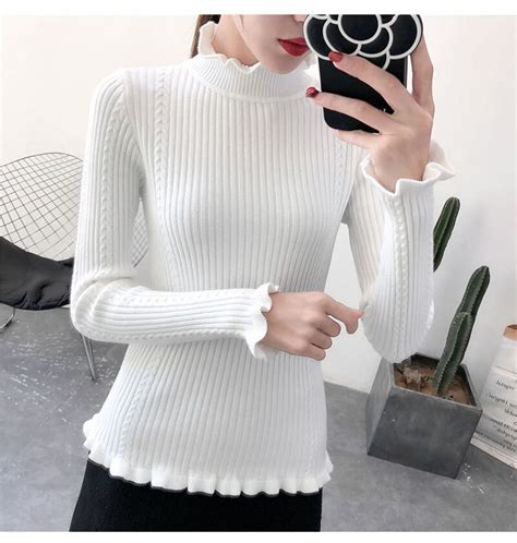 Girl Fall Winter Ruffles Turtleneck Ruched Women Sweaters High Elastic