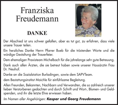 Traueranzeigen Von Franziska Freudemann S Dwest Presse Trauer